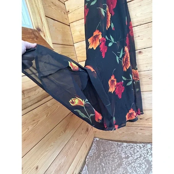 Vintage Floral Chiffon Reversible Sleeveless Maxi Dress Black Red Orange - Picture 4 of 8